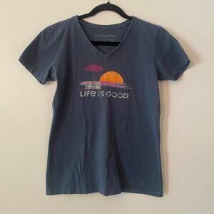Life Is Good Navy Blue Beach Sunset V-neck Crusher Tee Cotton Women's size Small